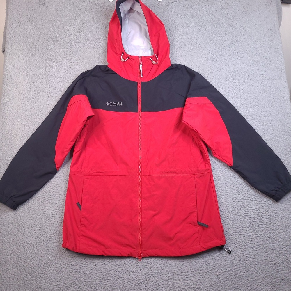 Columbia Windbreaker Rain Jacket Womens XL Red Black Hooded Full Zip